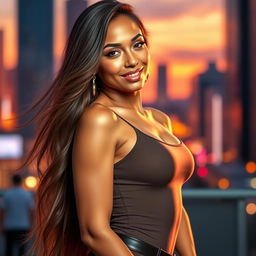 A beautiful young woman with long flowing hair, striking features, and an alluring smile