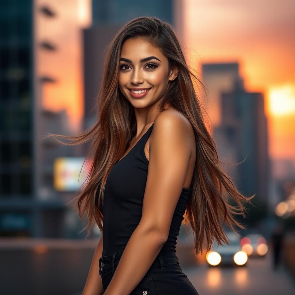 A beautiful young woman with long flowing hair, striking features, and an alluring smile