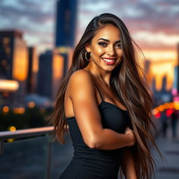 A beautiful young woman with long flowing hair, striking features, and an alluring smile