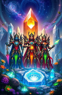 A fantastical scene depicting the Guardians of the Time Crystals, majestic and powerful figures standing together in a vibrant, mystical landscape