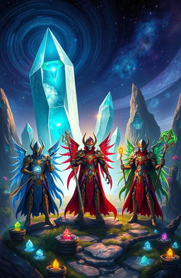 A fantastical scene depicting the Guardians of the Time Crystals, majestic and powerful figures standing together in a vibrant, mystical landscape