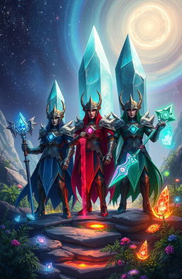 A fantastical scene depicting the Guardians of the Time Crystals, majestic and powerful figures standing together in a vibrant, mystical landscape