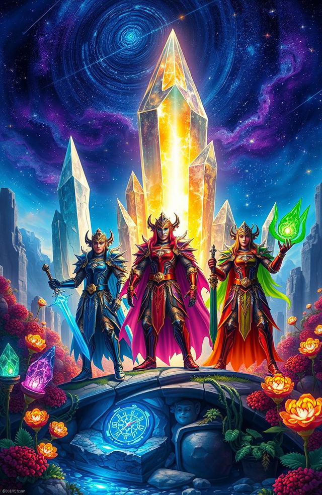 A fantastical scene depicting the Guardians of the Time Crystals, majestic and powerful figures standing together in a vibrant, mystical landscape