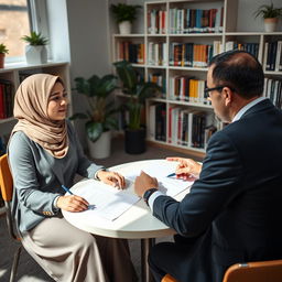 A Muslim female student wearing a stylish hijab is engaged in a guidance session with her professor in a bright academic office