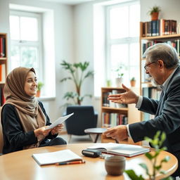 A Muslim female student wearing a stylish hijab is engaged in a guidance session with her professor in a bright academic office