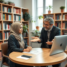 A Muslim female student wearing a stylish hijab is engaged in a guidance session with her professor in a bright academic office