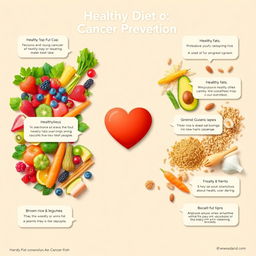 A detailed and vibrant infographic illustrating a healthy diet's impact on cancer prevention