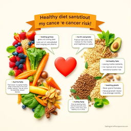 A detailed and vibrant infographic illustrating a healthy diet's impact on cancer prevention