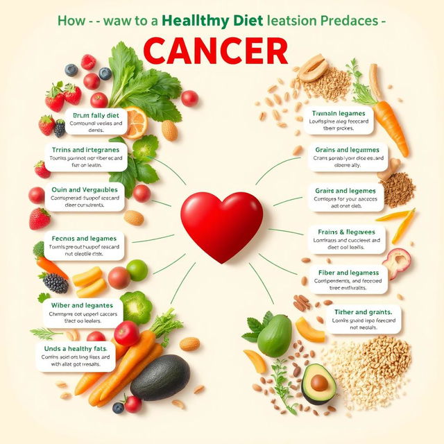 A detailed and vibrant infographic illustrating a healthy diet's impact on cancer prevention