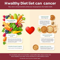 A detailed and vibrant infographic illustrating a healthy diet's impact on cancer prevention