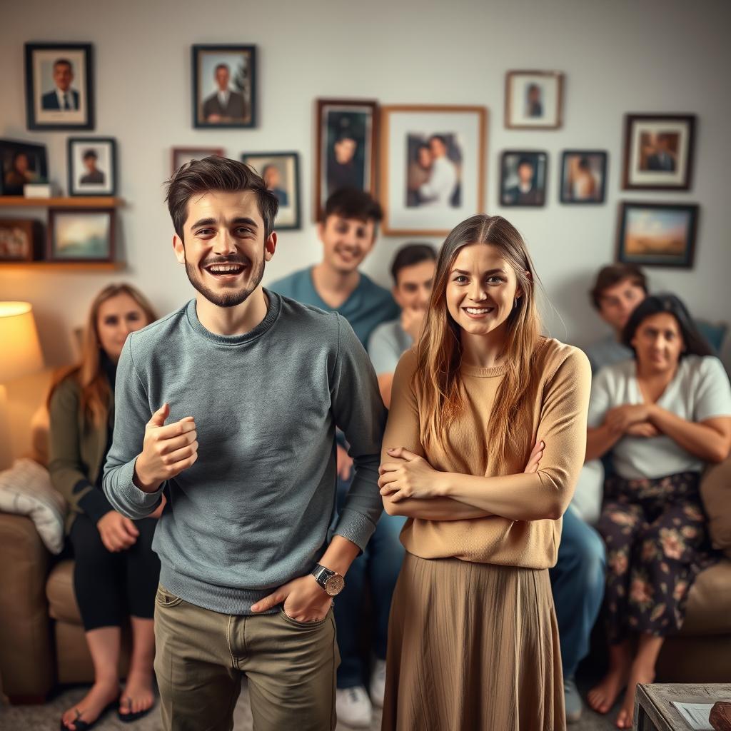 Leon, a young man full of excitement, is proudly introducing Maria, a beautiful and slightly nervous woman, to his family