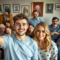 Leon, a young man full of excitement, is proudly introducing Maria, a beautiful and slightly nervous woman, to his family