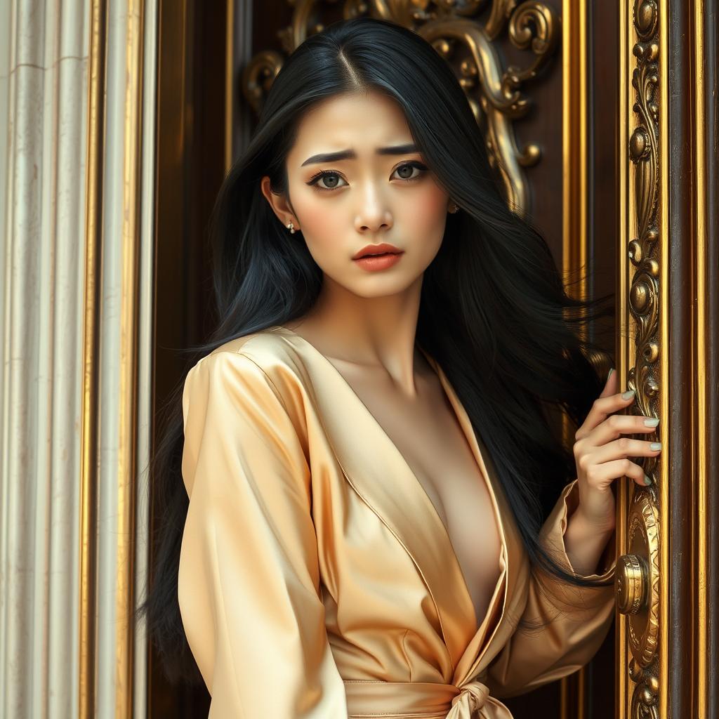 An Asian girl being pushed out from an apartment door with a pained expression on her face