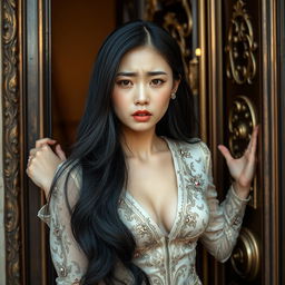 An Asian girl being pushed out from an apartment door with a pained expression on her face
