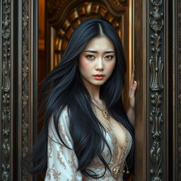 An Asian girl being pushed out from an apartment door with a pained expression on her face