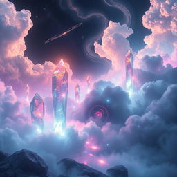 A mystical landscape depicting the concept of time crystals, featuring ethereal, shimmering crystals reflecting light in vibrant colors, surrounded by a surreal atmosphere of swirling clouds and glowing energies