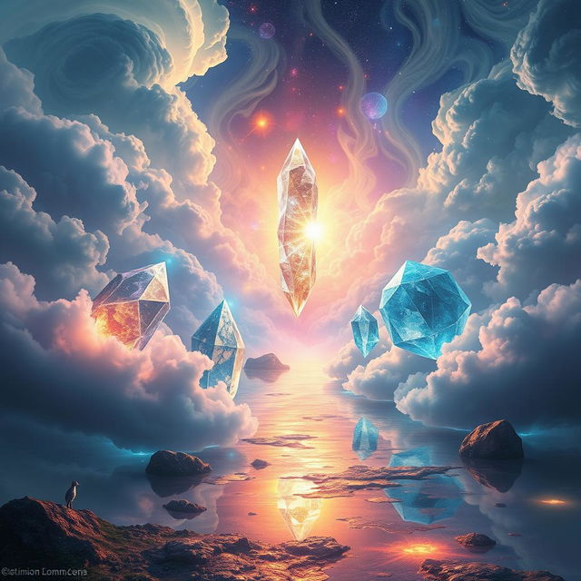 A mystical landscape depicting the concept of time crystals, featuring ethereal, shimmering crystals reflecting light in vibrant colors, surrounded by a surreal atmosphere of swirling clouds and glowing energies