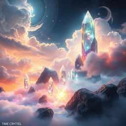 A mystical landscape depicting the concept of time crystals, featuring ethereal, shimmering crystals reflecting light in vibrant colors, surrounded by a surreal atmosphere of swirling clouds and glowing energies