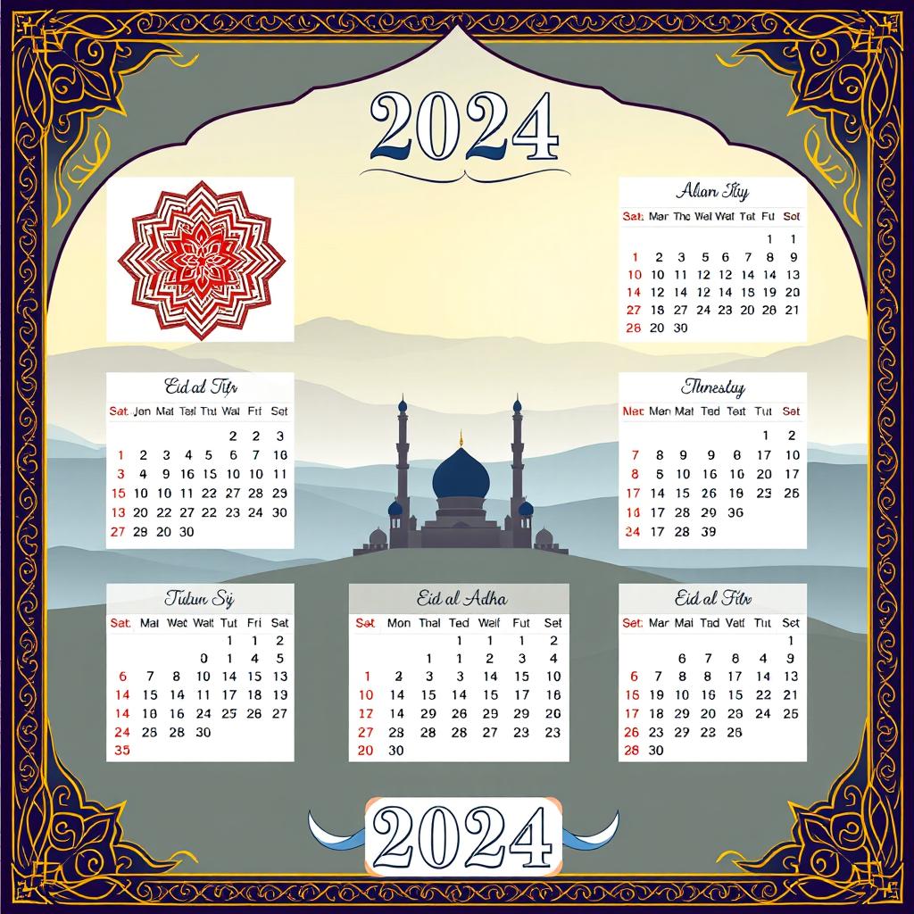 A beautifully designed Islamic calendar for the year 2024, featuring intricate Islamic geometric patterns and elegant calligraphy