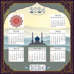 A beautifully designed Islamic calendar for the year 2024, featuring intricate Islamic geometric patterns and elegant calligraphy