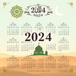A beautifully designed Islamic calendar for the year 2024, featuring intricate Islamic geometric patterns and elegant calligraphy