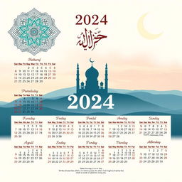 A beautifully designed Islamic calendar for the year 2024, featuring intricate Islamic geometric patterns and elegant calligraphy