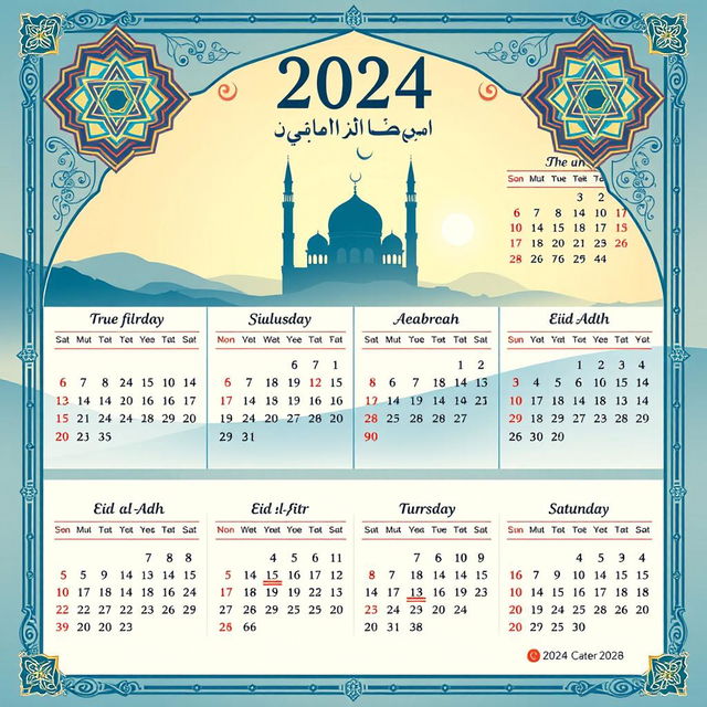 A beautifully designed Islamic calendar for the year 2024, featuring intricate Islamic geometric patterns and elegant calligraphy