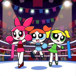 A dynamic scene featuring the Powerpuff Girls in boxing attire, showcasing their unique personalities