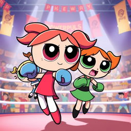 A dynamic scene featuring the Powerpuff Girls in boxing attire, showcasing their unique personalities