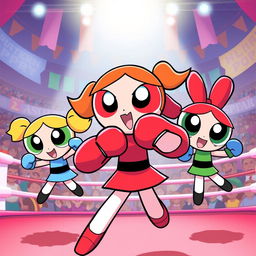 A dynamic scene featuring the Powerpuff Girls in boxing attire, showcasing their unique personalities