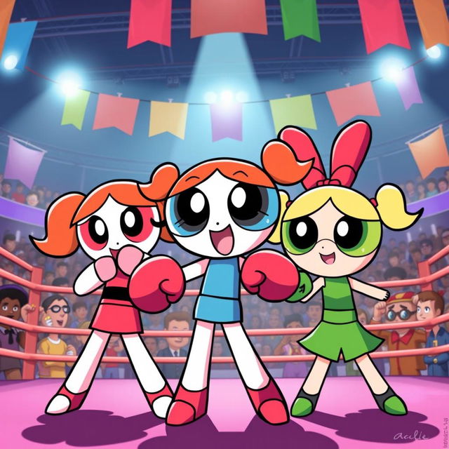 A dynamic scene featuring the Powerpuff Girls in boxing attire, showcasing their unique personalities