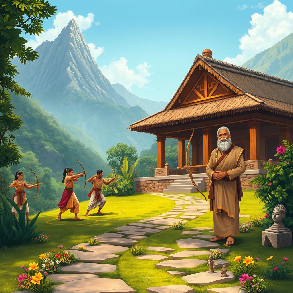 A serene and vibrant depiction of Guru Dronacharya's ashram in ancient India, surrounded by lush greenery and majestic mountains