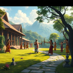 A serene and vibrant depiction of Guru Dronacharya's ashram in ancient India, surrounded by lush greenery and majestic mountains