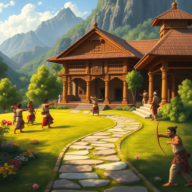 A serene and vibrant depiction of Guru Dronacharya's ashram in ancient India, surrounded by lush greenery and majestic mountains