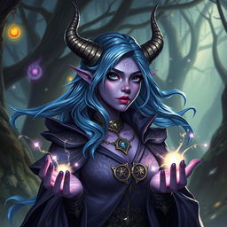 A high fantasy Dungeons & Dragons style female tiefling sorceress, featuring striking purple skin and flowing blue hair