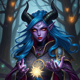A high fantasy Dungeons & Dragons style female tiefling sorceress, featuring striking purple skin and flowing blue hair