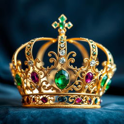 A beautiful, intricately designed crown adorned with sparkling gemstones, set against a luxurious velvet background