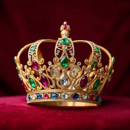 A beautiful, intricately designed crown adorned with sparkling gemstones, set against a luxurious velvet background