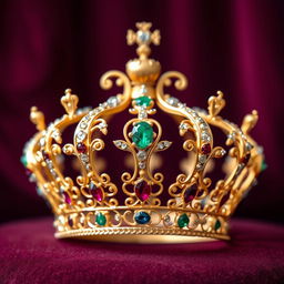 A beautiful, intricately designed crown adorned with sparkling gemstones, set against a luxurious velvet background