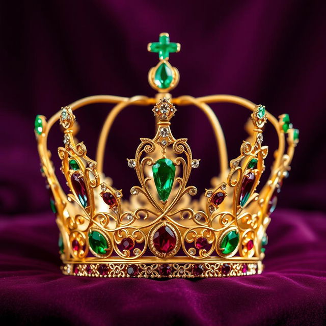 A beautiful, intricately designed crown adorned with sparkling gemstones, set against a luxurious velvet background