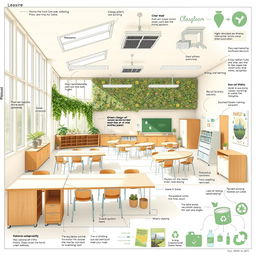 A detailed blueprint for a sustainable classroom design, featuring green architecture elements such as large windows for natural light, a green wall with indoor plants for air purification, energy-efficient lighting, solar panels on the roof, recycled materials used for furniture, and a water filtration system