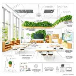 A detailed blueprint for a sustainable classroom design, featuring green architecture elements such as large windows for natural light, a green wall with indoor plants for air purification, energy-efficient lighting, solar panels on the roof, recycled materials used for furniture, and a water filtration system