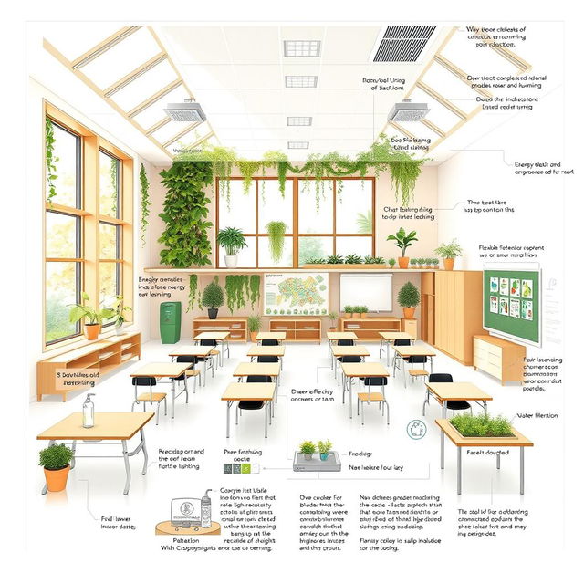 A detailed blueprint for a sustainable classroom design, featuring green architecture elements such as large windows for natural light, a green wall with indoor plants for air purification, energy-efficient lighting, solar panels on the roof, recycled materials used for furniture, and a water filtration system