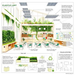 A detailed blueprint for a sustainable classroom design, featuring green architecture elements such as large windows for natural light, a green wall with indoor plants for air purification, energy-efficient lighting, solar panels on the roof, recycled materials used for furniture, and a water filtration system