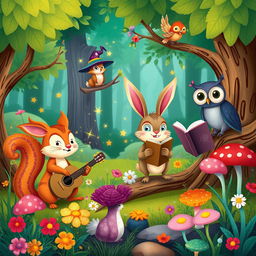A whimsical fantasy illustration featuring anthropomorphic animals engaged in a playful and imaginative setting