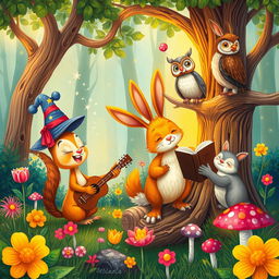 A whimsical fantasy illustration featuring anthropomorphic animals engaged in a playful and imaginative setting