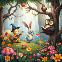 A whimsical fantasy illustration featuring anthropomorphic animals engaged in a playful and imaginative setting