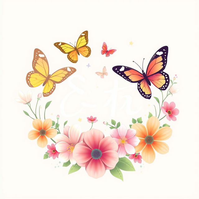 A beautiful logo design featuring the name 'شهد' in elegant calligraphy, surrounded by colorful butterflies and vibrant flowers