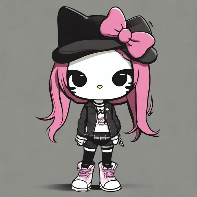 A high-quality digital art image portrays Hello Kitty reimagined in an emo style