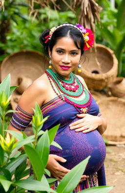 A pregnant woman from the Blaan tribe in the Philippines, dressed in vibrant traditional attire, adorned with intricate beadwork and colorful fabrics that showcase the unique cultural heritage of the Maranao tribe